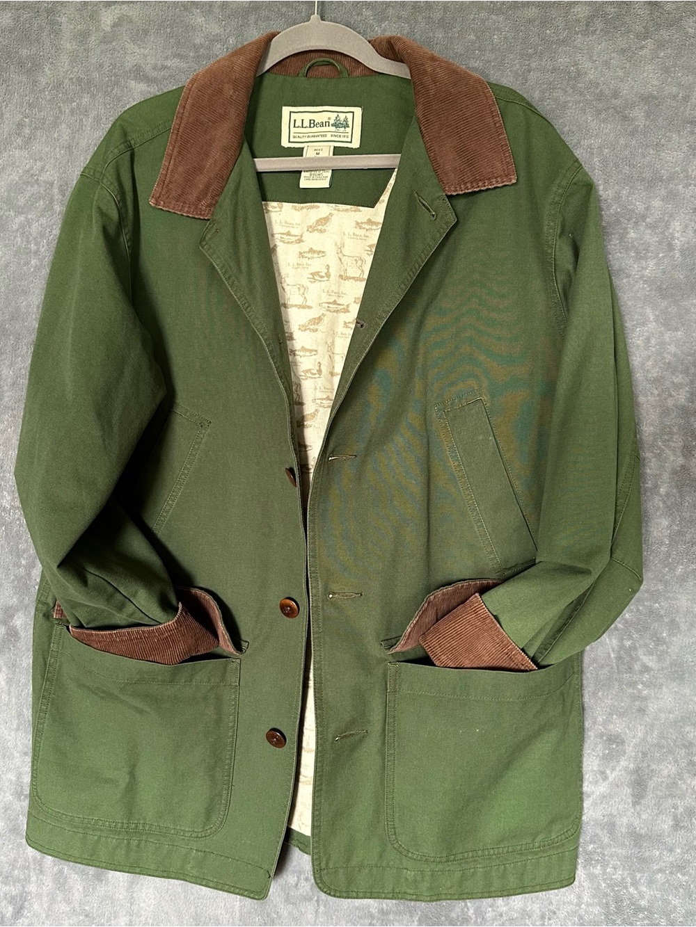 L.L. Bean Chore Barn Coat Olive Green Dark Loden Shadow Flannel Medium Corduroy